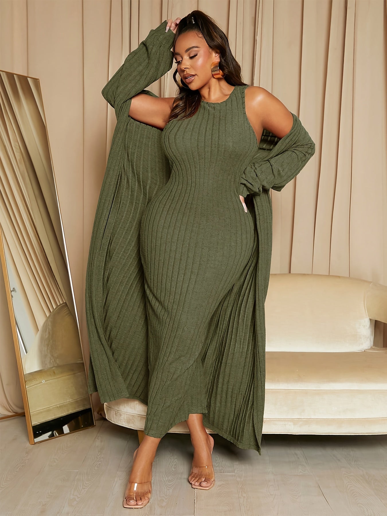 Plus Size Ribbed Two-piece Set, Long Sleeve Open Front Cardigan & Sleeveless Dress Outfits, Women